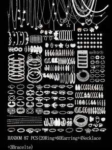 35/47/50/71/87pcs Set Fashionable Minimalist Elegant Bohemian Style Jewelry Set, Including Earrings, Necklaces, Rings, Bracelets With Heart, Twist, Butterfly, Geometric Elements, Wave Patterns, Versatile Daily Wear Accessories, Random Styles - Silver - View 10