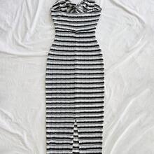 Vestido casual de media longitud con diseño de rayas y tiras gruesas ajustado para mujer - Café integral - Ver 10