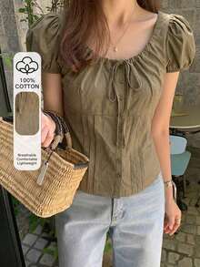 2016 Blusa de manga corta ceñida con cinturón y mangas abullonadas, color rosa, tops lindos para primavera/verano - Verde militar - Ver 1