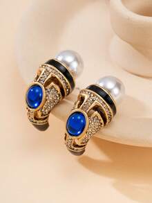 1 par de pendientes de estilo de corte vintage con gemas verdes para mujer, pendientes huecos de perla y oro retro, pendientes de botón de lujo tipo esmeralda, accesorios para vestidos de banquete - Multicolor - Ver 7