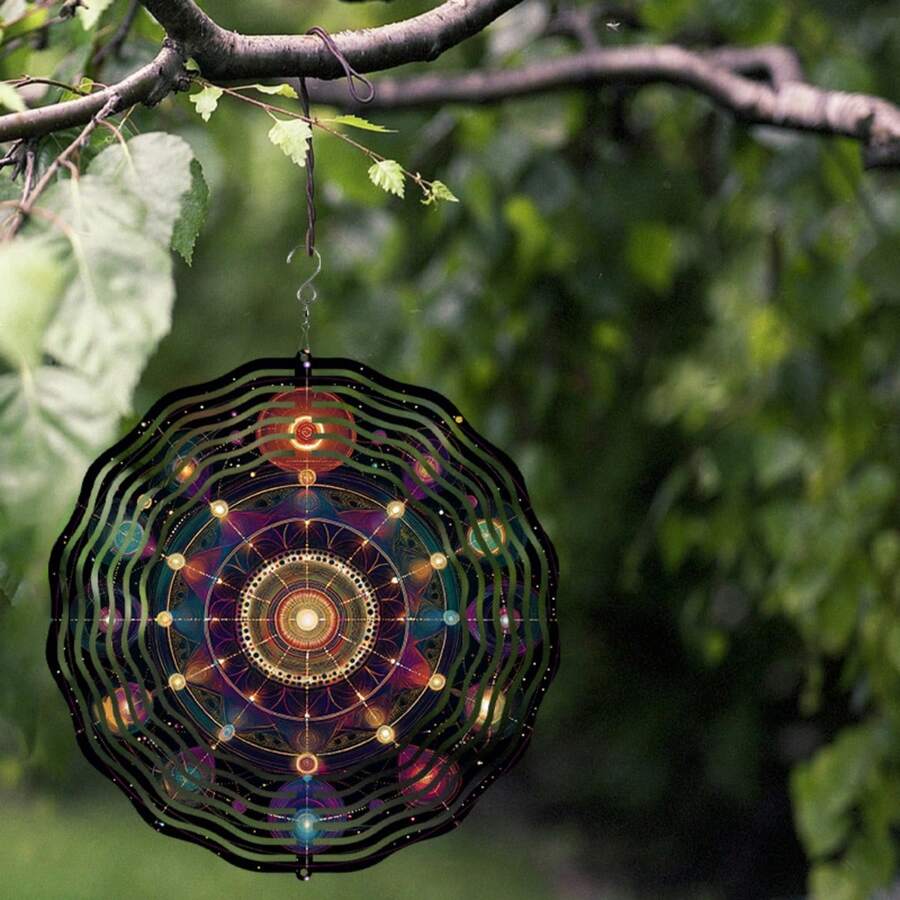 1个3D曼陀罗花风车户外装饰，花园风铃金属庭院旋转器，带360°旋转挂钩，花园露台装饰