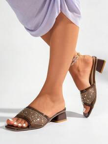 NANBEI ZUO Sandalias de tacón grueso con punta cuadrada y malla de strass para mujer, zapatillas de verano de tacón bajo con cierre deslizante en color marrón oscuro - marrón oscuro - Ver 6