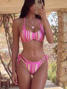 Lucky Girl Women Summer Beach Vacation Colorful Striped Print 2 In 1 Tie-Front Bikini Set - Color - View 8