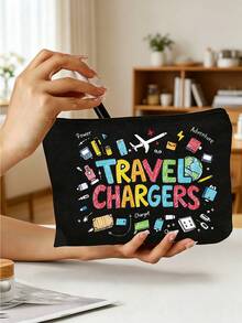 印有「Travel Charger」文字與充電器圖案的便攜收納袋,充電器整理袋,旅行必備化妝袋:女孩旅行生存袋,中性拉鍊袋,化妝品、彩妝與輕便旅行必需品,適合青少年、生日與旅行配件,節日禮物 - 彩色 - 查看 3