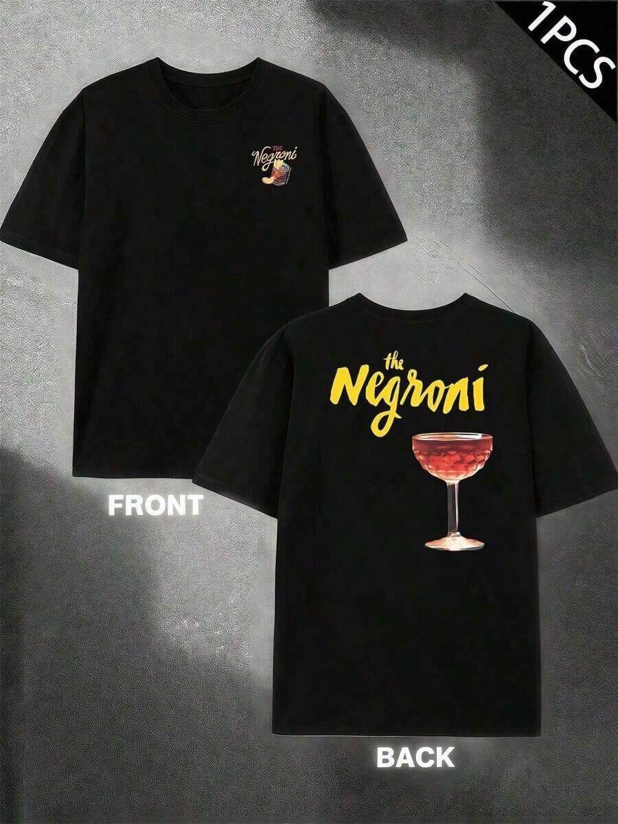 Negroni Cocktail Pattern T-Shirt 100% Cotton Relaxed Fit Comfortable Urban Hip-Hop Style Eye-Catching Print Double-Sided Print - 黑色 - 查看 1