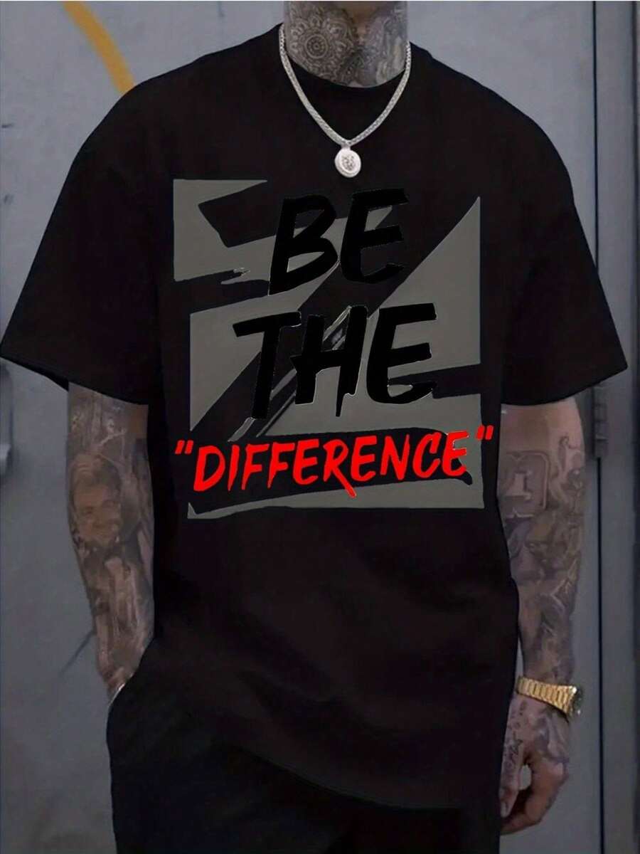 Men's Fashionable Crew Neck T-Shirt, Versatile Short Sleeve, Travel/Summer/Beach, Fitness/Running/Workout, Export Style, Year-Round Warm Short Sleeve - 黑色 - 查看 1