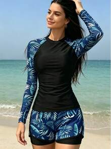 2-Piece/Women's Long-Sleeved Surf Set, Surf Suit, Wetsuit, Tropical Plant Print Raglan Sleeve Surf Top Set For Women, Women's Contrasting Tropical Print Long-Sleeved Rashguard Set For Summer Beach Vacation, Women's Surf Suit - 藍色 - 查看 1