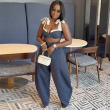 Women's 2026 Summer New Fashion Sexy Spliced Strap Waist-Revealing Wide-Leg Pants Set Summer Outfits For Women  Jeans - 藍色 - 查看 3