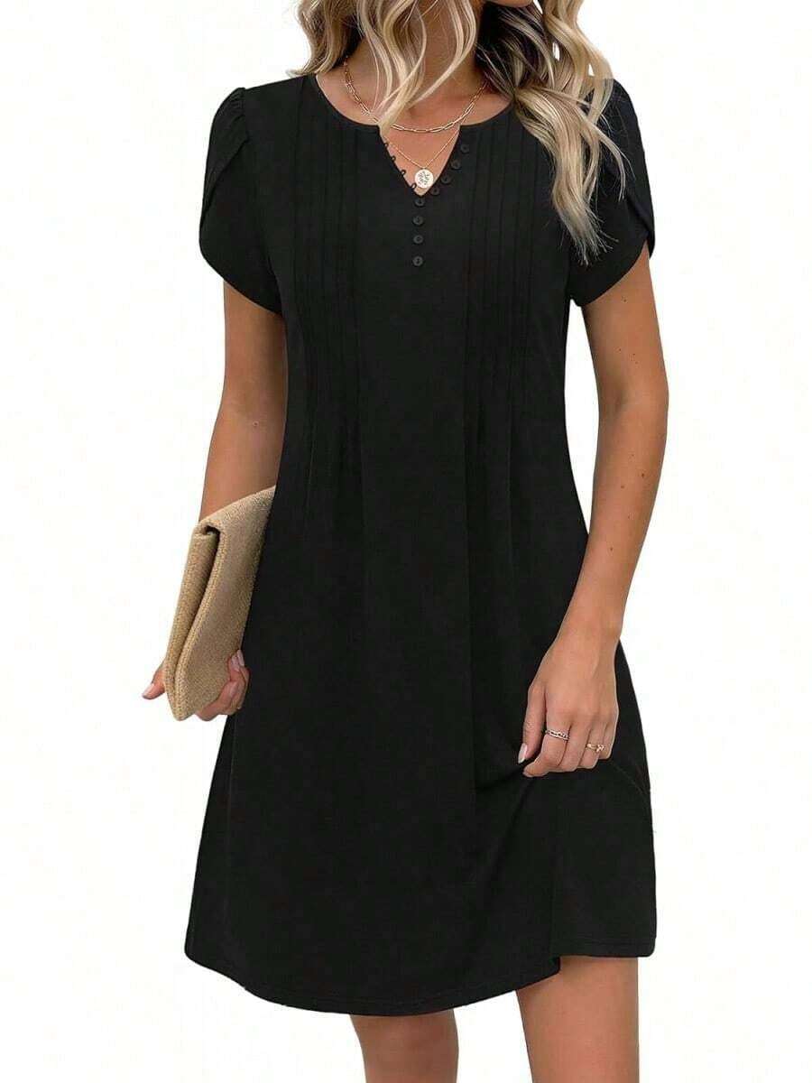 ,Flower Dress Women,2026 Women's Summer Casual Floral V-Neck A-Line T-Shirt Mini Dress Short Sleeve With Pockets Beach Sundress,Casual Summer Dress, S - 黑色 - 查看 1