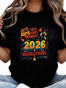 Camisa Casual Minimalista de Manga Corta Oversize, Feliz Año Nuevo, Resoluciones para 2026, 100% Algodón - Negro 4 - Ver 7