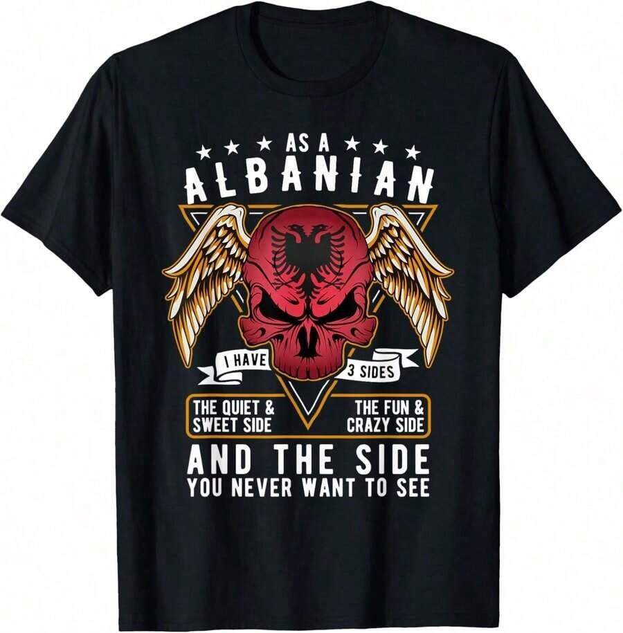 Camiseta para Hombre con Diseño Gráfico de Calavera y Bandera Albanesa, Suave y Transpirable, Manga Corta, Perfecta para Uso Diario, Actividades al Aire Libre, Viajes y Estilo Casual, Ajuste Cómodo para Todo el Día. - Verde - Ver 1