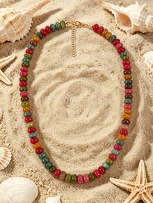 1 chiếc vòng cổ hạt đá tự nhiên hình tròn kiểu Bohemian với hiệu ứng nứt vỡ, kèm phụ kiện bằng thép không gỉ, thích hợp cho kỳ nghỉ hè ở bãi biển. - vòng cổ đính đá thủ công - Xem 28