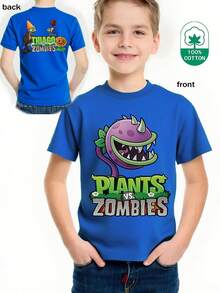 Casual Crew Neck T-Shirt, Sheer Short Sleeve T-Shirt With  Pattern, Minimalist Casual Style, Venus Trap And Tyrannosaurus Rex Flower Print T-Shirt Top, Machine Washable, Small, Medium And Large For Spring, Summer, Autumn And Clothing For Ages 3 To 12 Years - 藍色 - 查看 6