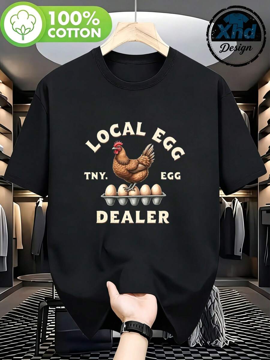 Camiseta de algodón 100% estilo casual para hombre Camiseta con estampado de gallina y huevos con texto Local Egg Dealer TNY EGG Ideal para uso diario en primavera y verano Regalo perfecto para amantes de las aves y granjas - Negro - Ver 1