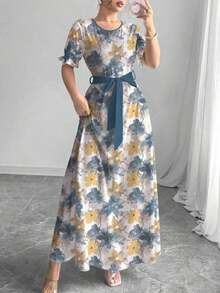 MEXModelyn Vestido de mujer con cintura ceñida, estampado floral acuarela, cuello redondo, manga corta, primavera/veranoMEX OU4Q - Multicolor 2 - Ver 3