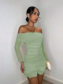 MEXSHEIN  Vestido mini elegante y dulce de manga larga con hombros abiertos, tejido de malla de unicolor, con volantes exagerados en el bajo, adecuado para reuniones de té por la tarde, salidas de moda, citas, salidas dulces, salidas nocturnas, fiestas navideñas, Noche Vieja, atuendos de mujer para vacaciones, vestidos de manga larga, atuendos sexys de mujer, atuendos de mujer para clubes, vestidos mini de manga largaMEX U86X - verde menta - Ver 5