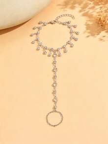 1 pieza Pulsera de cadena de dedo minimalista de plata, joyería hecha a mano versátil con borla y rhinestone, adecuada para uso diario. La longitud de la cadena y la cantidad de cuentas son aleatorias. - Plateado - Ver 2