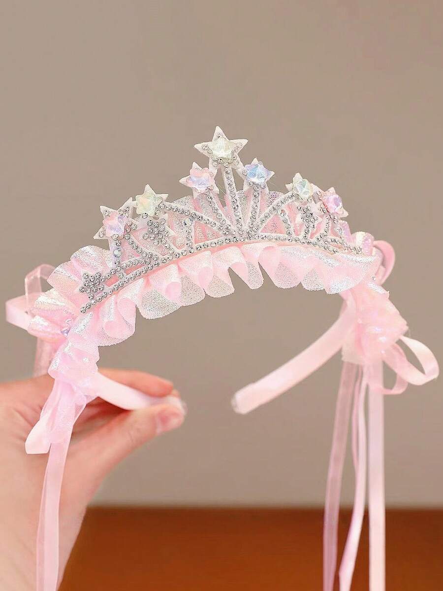 1pc Pink Star Crown Headband For Girls, Ribbon Hair Accessory, Non-Tight Headband, Ethereal Sweet Ribbon Hair Ornament, Anti-Slip, Versatile Decorative Headband For Photos
