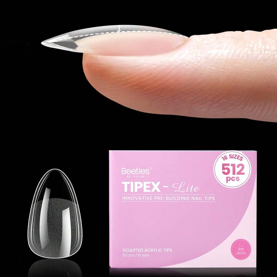 Beetles 512Pcs 16 Sizes Tipex Lite Instant Apex Nail Tips, Short Almond, Pre-Building Pre-Etched Acrylic Tips For Flat And Natural Nail Beds - Tipex Lite-Almond Short 512pcs - 查看 1