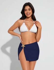 Women's Swimsuit Cover Up Skirts High Slit Swim Beach Sarong Bathing Suit Wrap Skirt With Sartfish - 藏蓝色 - 查看 4