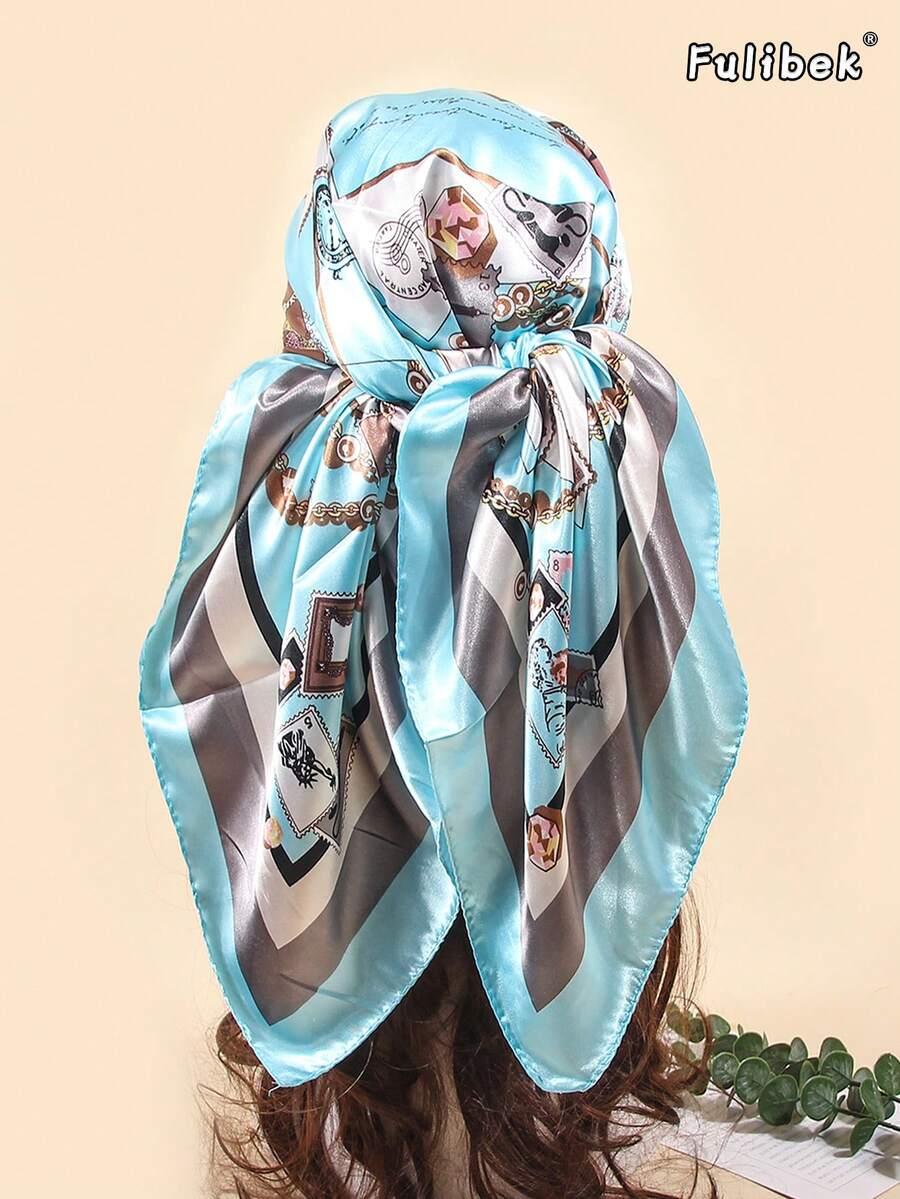 Lenço/Bandana estampado de 90 cm (1 unidade), acessório feminino ideal para praia, férias e dia a dia, que dará um toque especial ao seu look. - lago azul - Ver 1