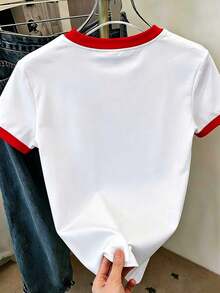 Disney Minnie Mouse Leopard Print Bow Women Crew Neck Short Sleeve T-Shirt, Red Trim Collar & Striped Cuff Design, Minnie Head With Leopard Bow Graphic Tee, Casual Versatile Daily Top, All-Season Wear For Commute Travel Party - Đỏ và trắng - Xem 2