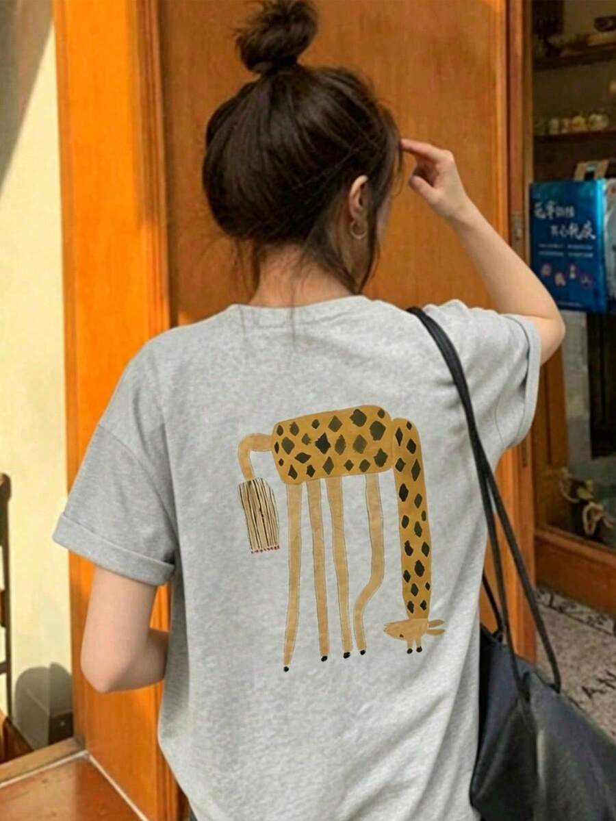 [ 100% Cotton ] Recommended New Products For Summer 2026: Lace Logo T-Shirt, Summer Dress, Women's Fashion T-Shirt, Short Sleeve Office Casual 200g Cotton Cartoon Character Printed Loose White Top, Y2K Women's Top, Spring Dress Top - Light Gray - View 1
