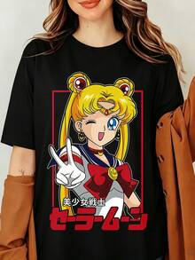 Sailors Moons Anime Graphic T-Shirt, Japanese Retro Manga Design Tsukino Usagi, Black Short-Sleeved Crew Neck T-Shirt, Unisex, Anime T-Shirt, Youth T-Shirt - Black - View 6