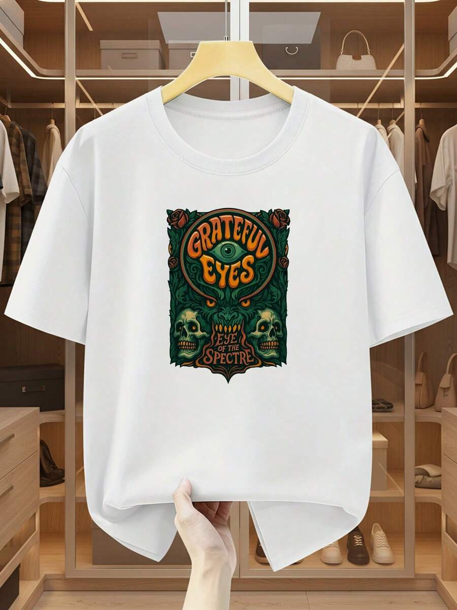 Men's Plus Size T-Shirts, 100% Cotton, With A Grateful Eyes Print, Crew Neck, And Short Sleeves, Featuring A Skull And Mysterious Eye Design-A Unique And Modern Style. Comfortable And Casual T-Shirt For Summer. - 白色 - 查看 1