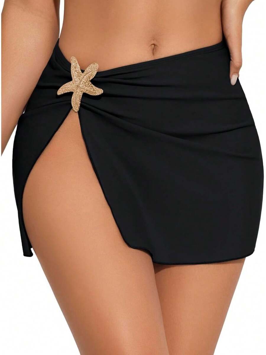 Women's Swimsuit Cover Up Skirts High Slit Swim Beach Sarong Bathing Suit Wrap Skirt With Sartfish - 黑色 - 查看 1