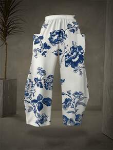 Women's Floral Print Wide Leg Pants Side-Pocket Curved Trousers Blue And White Rose Pattern Dual Pockets Pants Stylish Wide Leg Design Summer Casual Wear - 彩色 - 查看 3
