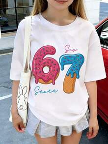 1 Piece Short Sleeve T-Shirt With Ice Cream And Donut Print For Preteen Girls, Casual Summer Top For Young Students For Playtime 100% Cotton - 白色的 - 查看 2