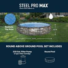 Steel Pro 10' X 30 Above Ground Pool, Round Metal Frame Outdoor Swimming Pool Set With Pump & Type I Cartridge, Gray - 12英尺 x 30英寸,石材 - 查看 3