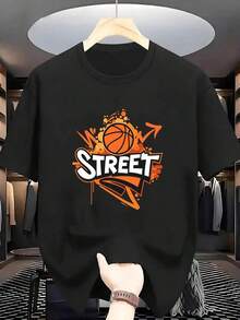 Camiseta Personalizada para Hombre, Estilo Urbano, Estampado de Baloncesto, Cuello Redondo, Manga Corta, Camiseta Cómoda e Informal para el Verano - Negro - Ver 9