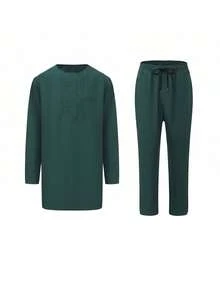 2026 New African Style Beaded Long Sleeve Top And Pants - Traditional Casual 2 Pieces Set For Men - Dark Green - View 2