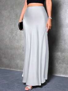 Women's Solid Color Mermaid Style Maxi Dress, Glossy Mid-Length Elegant Dress, Suitable For Parties And Everyday Wear Vintage Satin Met Gala - 銀色 - 查看 3