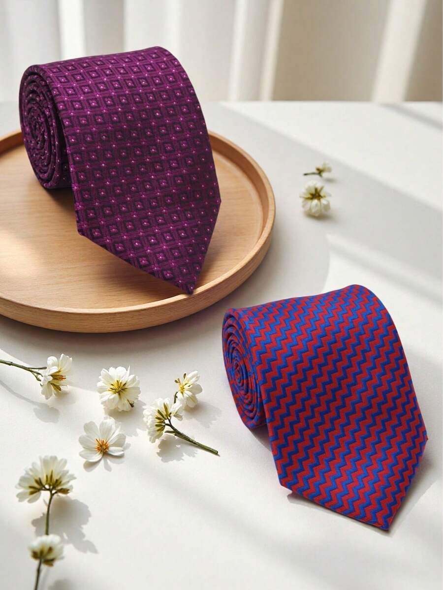1pc Contrast Color Geometric Textured Necktie, Suitable For Business, Wedding, Interview And Multiple Occasions - Multicolor - View 1