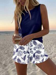 Conjunto de 2 piezas de top de tirantes con estampado de caballo blanco y shorts a rayas, adecuado para uso casual diario, primavera/verano - Multicolor 2 - Ver 4