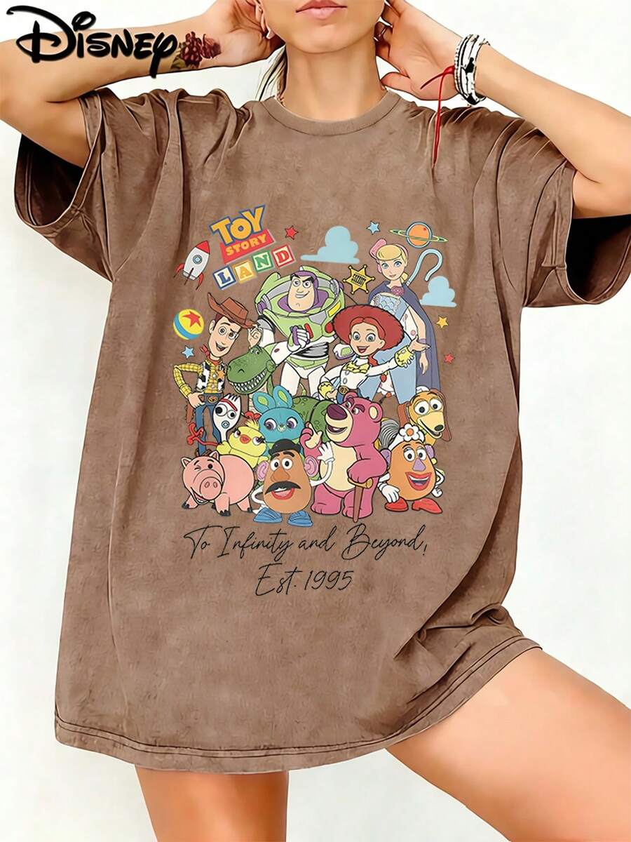 Disney Toy Story Land To Infinity And Beyond Est 1995 Full Crew Graphic Washed Unisex TShirt, 100% Cotton Oversized Vintage Short Sleeve Tee, Classic  Movie Themed Casual Top - 咖啡棕 - 查看 1