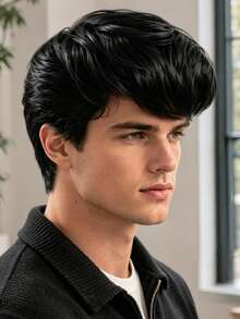 8 Inch Minimalist Men's Wig, Made Of Heat-Resistant Material, Easy To Comb. Lightweight And Seamless Design For Comfortable Wear At Home, Outings, And Gatherings. Easily Shapes Face And Creates Various Hairstyles For Men. - Black - View 1
