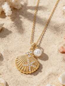 1 Pc Vintage Bohemian Beach Style With Sea Star, Shell, Pearl Necklace With Charms,Suitable For Women, Beach And Resort Wear, Waterproof Jewelry Accessory Gift. - Gold - View 3