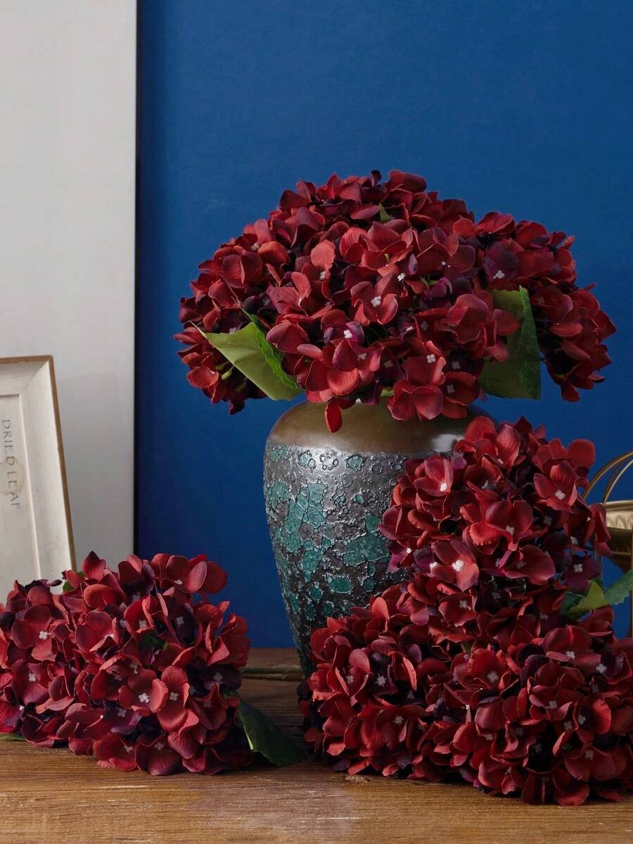 MEHELANY 1pc Burgundy Artificial Hydrangea Flower, Realistic High-Quality Faux Flower, Suitable For DIY Wedding Bouquet, Party, Autumn Home Living Room Kitchen Garden Hotel Office Decoration, Thanksgiving Harvest Season Decor, DIY Arch Floral Wreath Decoration, Gift For Girls