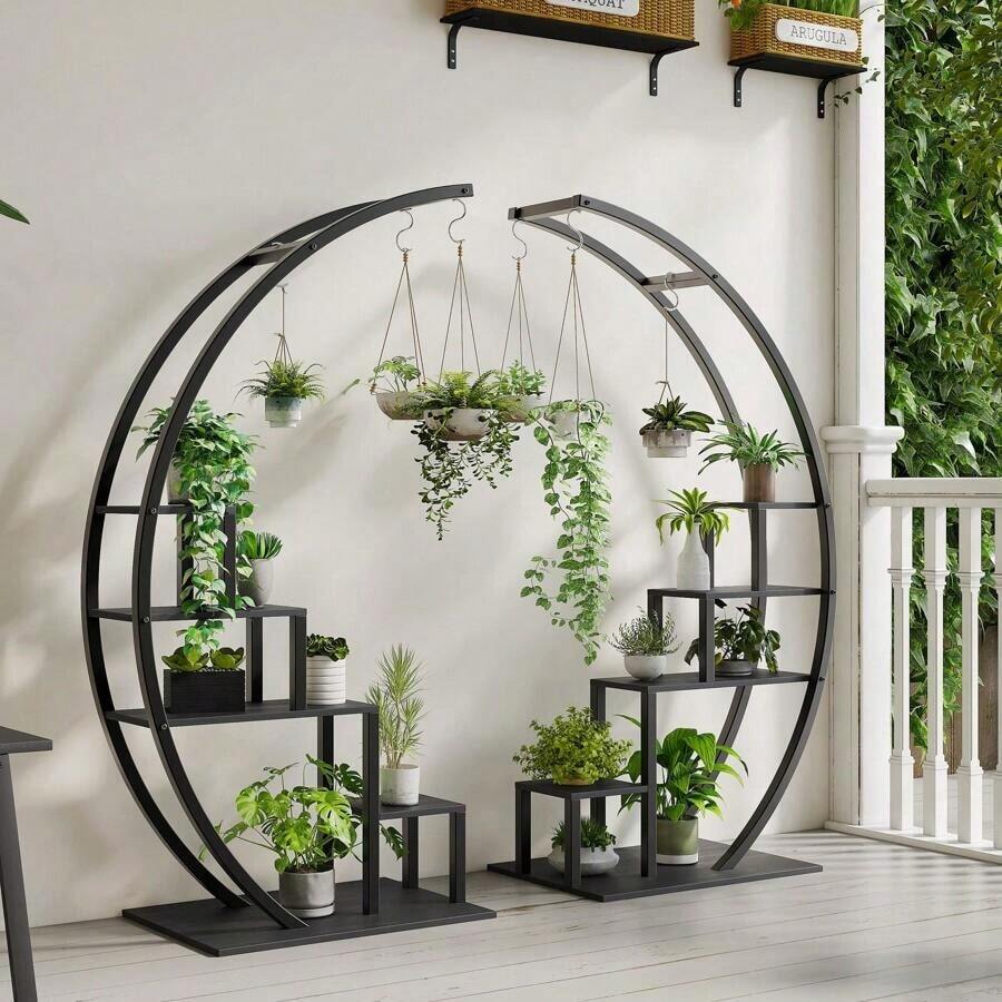 Soporte para plantas de interior con 4 ganchos colgantes, estante alto de 5 niveles para plantas de 56", estante para plantas en forma de media luna, estante de exhibición, 2 piezas de soporte para plantas, estante para flores, estantes de almacenamiento para sala de estar, patio, decoración exterior en negro/marrón. - Negro - Ver 1