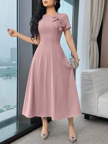 Vestido de verano de unicolor con decoración de moño y cintura ceñida para mujer - Rosa Pálido - Ver 4