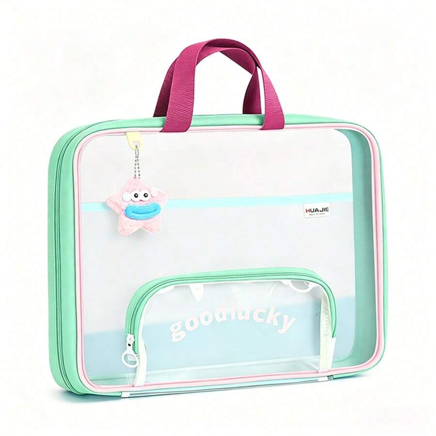 1pc Three‑Layer Thickened Transparent Mesh Horizontal Handbag, 180° Wide Open Book Storage Bag With Front Zipper Pencil Case, Large Capacity Student Study Tote, Portable Subject Classification File Organizer - Single Piece - View 1