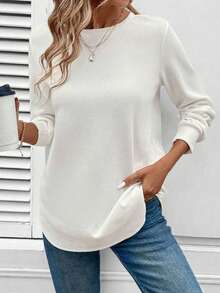 Waffle Knit Tunic Top For Women, Crew Neck Long Sleeve Blouse  Loose Fit Double-Layer Hem Blouse For Daily, Work & Lounge  Relaxed Fit Long Sleeve Shirt For Jeans & Leggings Casual Waffle Knit Tunic Blouse Waffle Knit Crew Neck Long Sleeve Tunic Top - 白色 - 查看 6