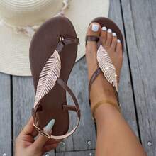 New Summer Beach Leaf Rhinestone Thong Design Women Flat Sandals, Fashion, Elegant, Comfortable, Versatile, Suitable For Walking, Home - Chocolate Brown 2 - View 15