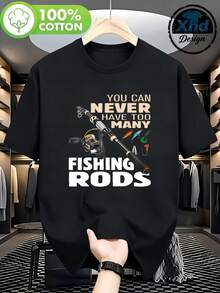 Camiseta de algodón 100 por ciento estilo casual para hombre Camiseta con estampado de caña de pescar y texto You can never have too many fishing rods Ideal para actividades al aire libre y temporada de verano Regalo perfecto para amantes de la pesca - Negro - Ver 1