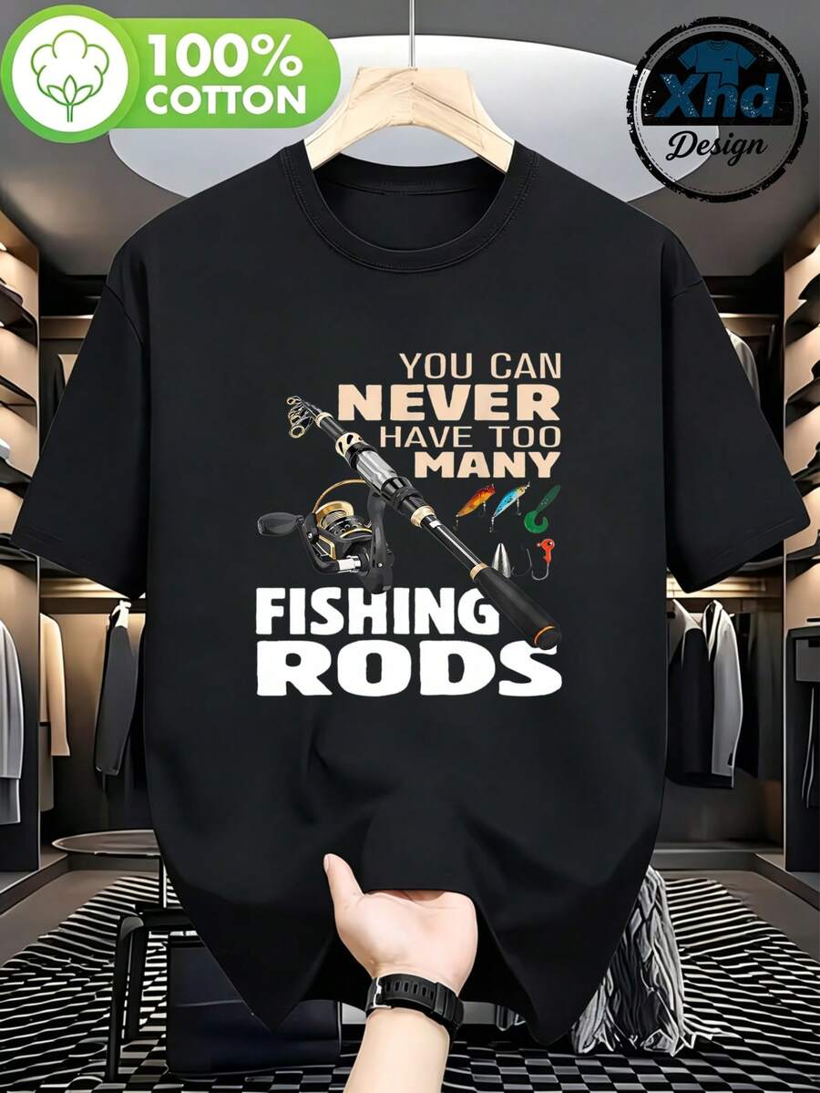 Camiseta de algodón 100 por ciento estilo casual para hombre Camiseta con estampado de caña de pescar y texto You can never have too many fishing rods Ideal para actividades al aire libre y temporada de verano Regalo perfecto para amantes de la pesca - Negro - Ver 1