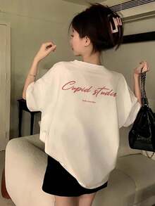 [ 100% Cotton ] Recommended New Products For Summer 2026: Lace Logo T-Shirt, Summer Dress, Women's Fashion T-Shirt, Short Sleeve Office Casual 200g Cotton Cartoon Character Printed Loose White Top, Y2K Women's Top, Spring Dress Top - White - View 1